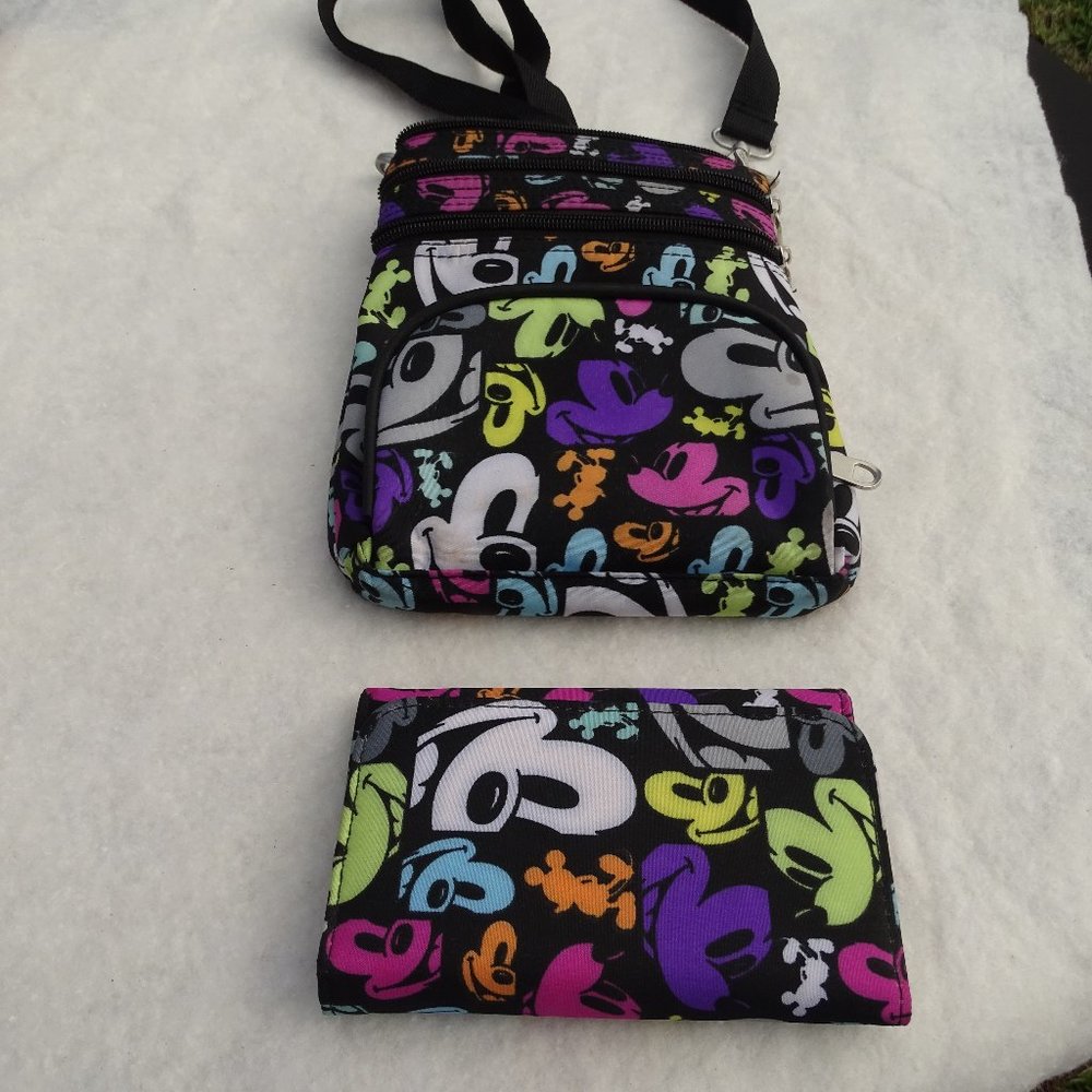 Disney Parks Mickey Mouse Black/Multi-Colored Crossbody Bag with Matching Wallet